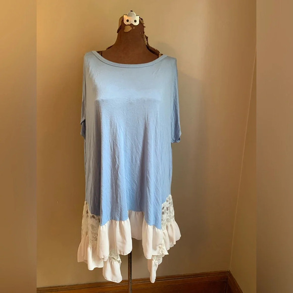 ODDY Tops - Oddy knit lace trim short sleeve blouse, oversized flowy top bohemian shirt